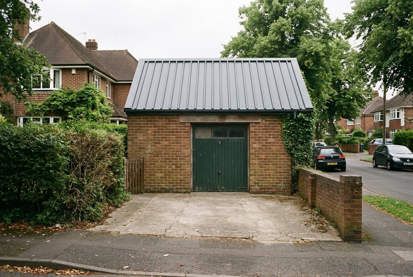 Garage with a new steel roof after removal